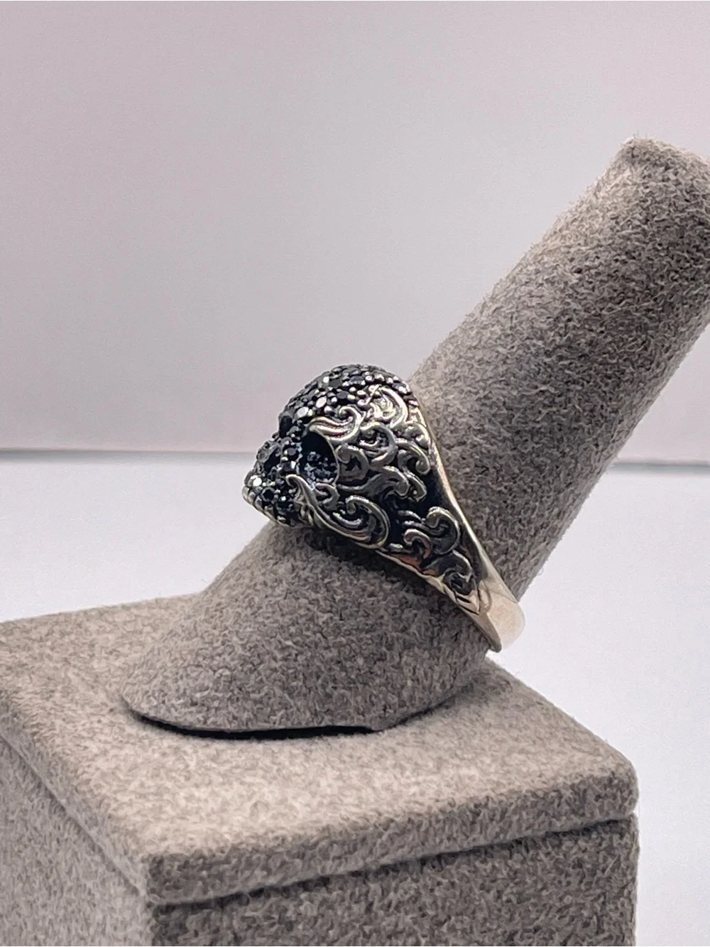 David Yurman Sterling Silver Skull Ring with Black Diamonds and Rubies